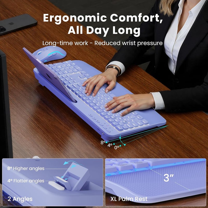 SABLUTE Purple Keyboard and Mouse Wireless Combo, 4000mAh Rechargeable Backlit Quiet Keyboards mice Set, USB Ergonomic Key Board with Wrist Rest & Phone Holder for PC, Mac, Windows, Natural Soft Typing - Image 3